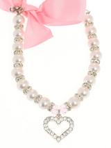 Pearl Heart Charm Dog Necklace - Pearls separated by a row of Swarovski Crystals make up this beautiful necklace. It is finished with a heart shaped pendant containing 24 Swarovski Crystals and comes complete with a pink bow for the back of the neck, so no matter what angle you view this necklace from it looks beautiful. (X-Small:...