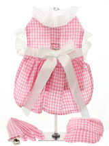 Pink Gingham / White Satin Ribbon Harness Dress, Lead & Hat - This sweet little pink gingham harness dress set is made from 100% soft cotton and is fully lined. It is belted with a white satin ribbon and has delicate white eyelet lace trimming the neck and arms. It has a sturdy reinforced D-Ring and a double sized / double strength velcro for comfortable and s...