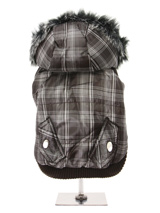 Brown Checked Parka with Detachable Hood - Another coat from our premium range of quilted tartan checked coats. This is a luxuriously parka coat with a fur trimmed detachable hood. It gives your dog two styles in one; wear it as a parka or, when the hood is removed, it can be worn as a coat. The arms and hem are elasticated for a great fit....