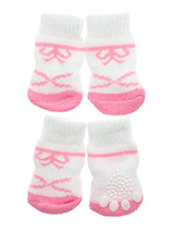 Pink / White Bow Tie Pet Socks - These fun and functional doggie socks protect your dogs paws from mud, snow, ice, hot pavement, hot sand and other extreme weather. Made from 95% cotton and 5% spandex making them comfortable and secure. Each sock features a paw shaped anti-slip silica pad and help keep your house sanitary. (set of...