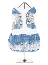 T-Shirt & Blue Denim Dress - This t-shirt dress is one of our more casual designs. However it still retains an element of bling incorporated into the design of the waistcoat which is covered in sequins and featuring four silver buttons with two faux pockets. The skirt has two tiers separated by a band of white lace and is perfe...