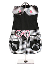 Black Gingham Dress - This Black Gingham designer dress is from highest quality material. It has a stylish collar with two raised roses and features a two tier skirt. One of black gingham with two faux pockets and a black lower tier. As a finishing touch a beautiful black gingham bow trimmed in pink finishes the look. Th...