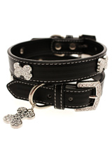 Black Leather Diamante Collar & Diamante Bone Charm - Sparkling Bling Collar! This black leather collar with a stitched edging has a crystal encrusted buckle with three large / bling sparkling diamante bones and a large sparkling diamante charm complete the look. A glamorous addition to the wardrobe of any trendy pooch.S Width: 14mmM Width: 19mmL Width...