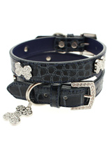 Blue Crocodile Leather Diamante Collar & Diamante Bone Charm - Sparkling Bling Collar! This crocodile textured blue leather collar with a stitched edging has a crystal encrusted buckle with three large / bling sparkling diamante bones and a large sparkling diamante charm complete the look. A glamorous addition to the wardrobe of any trendy pooch.S Width: 14mmM...
